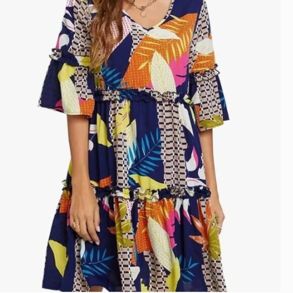 Source Unknown Dresses & Skirts - Colorful Patterned V-Neck Tiered Tunic Dress Size XL, Flowy Dress, like new